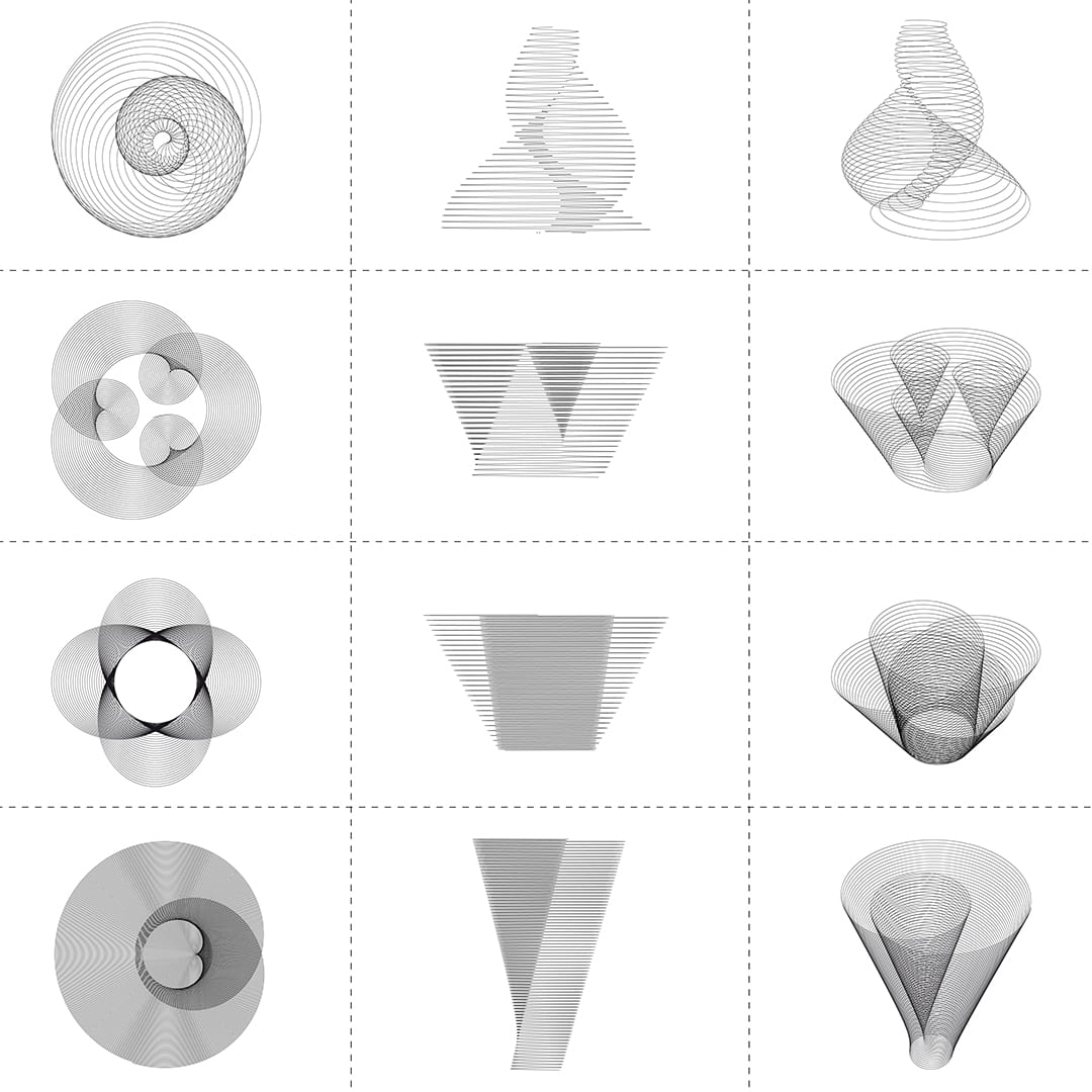 Grid of twelve line drawings: each generated toolpath seen in plan, in elevation and in perspective.