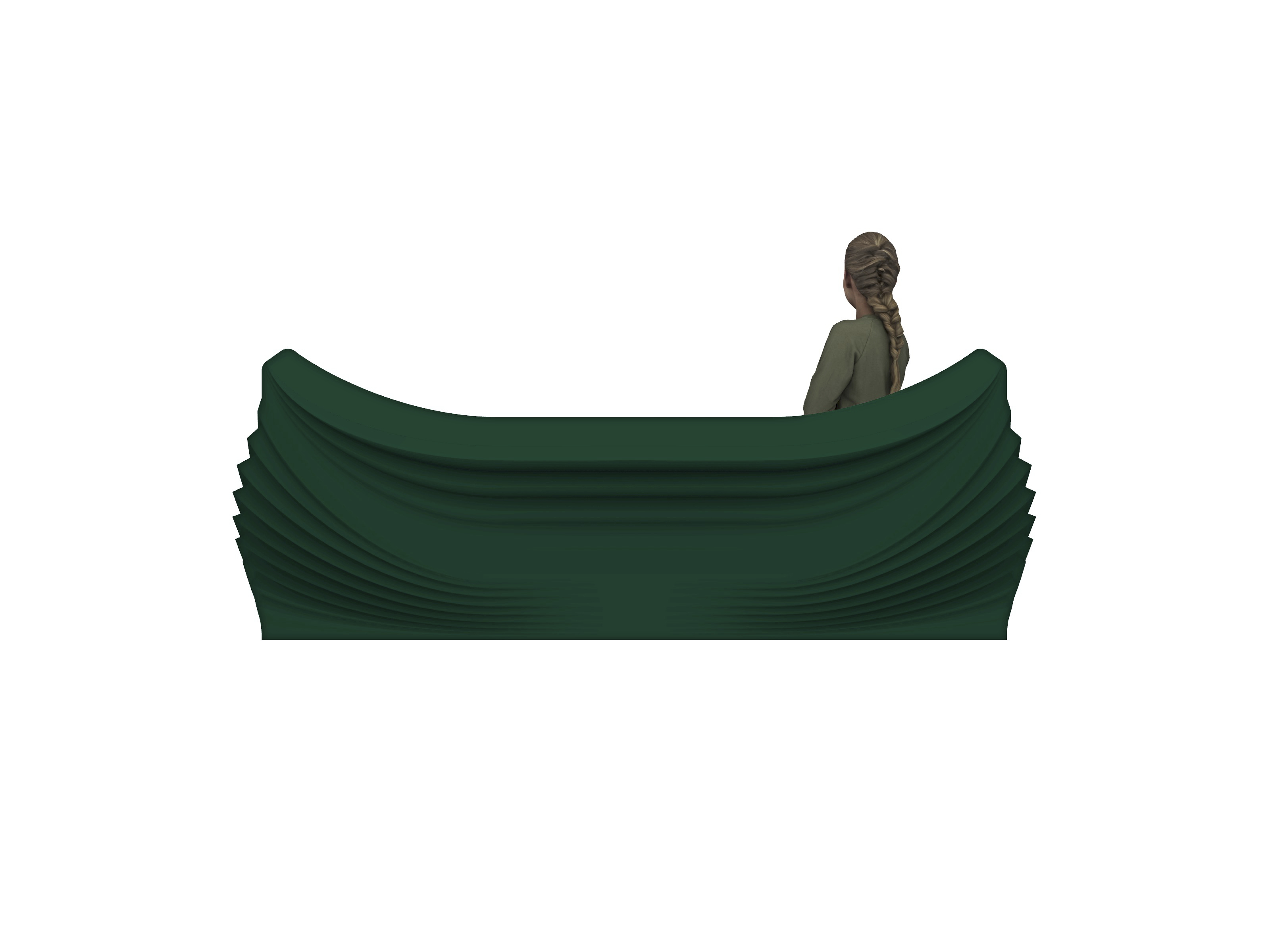 Rear view of the closed green back, its layers fanning upward towards a seated figure at the right.