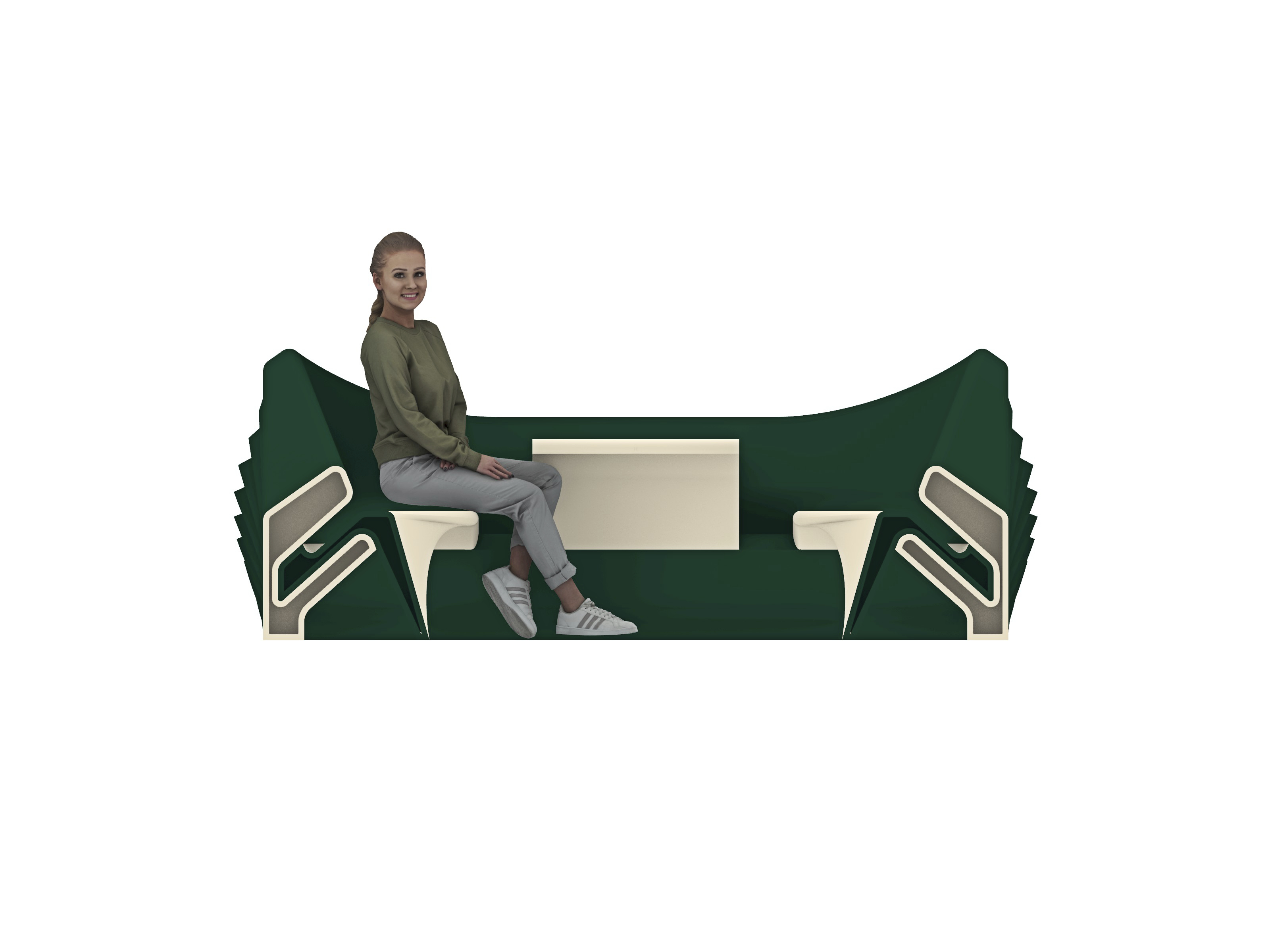 Front elevation, a person seated on the left bench, the shell stepping outward in stacked layers at each end.