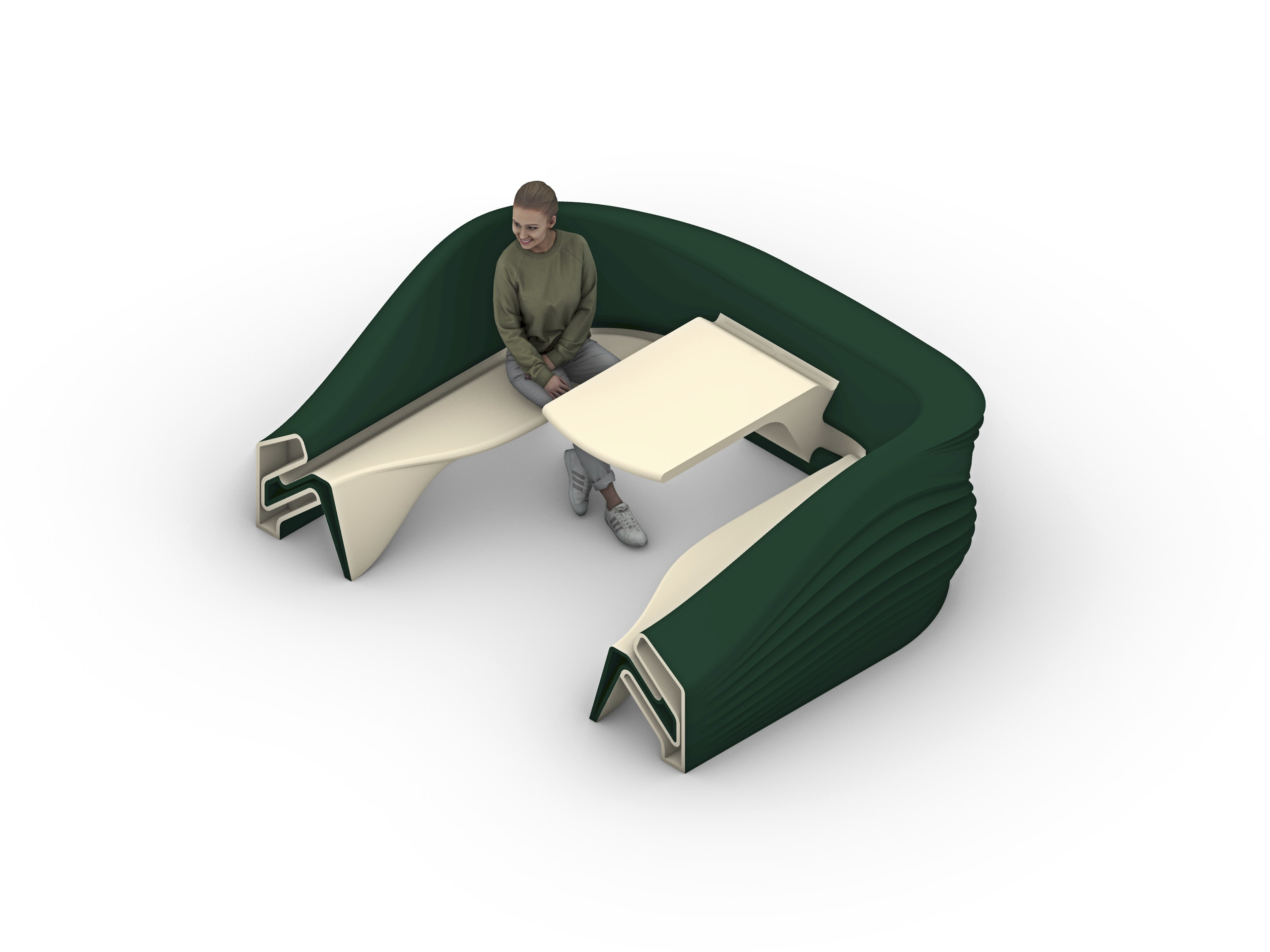 Isometric render of a dark green horseshoe shell holding two cream benches and a table, one person seated.