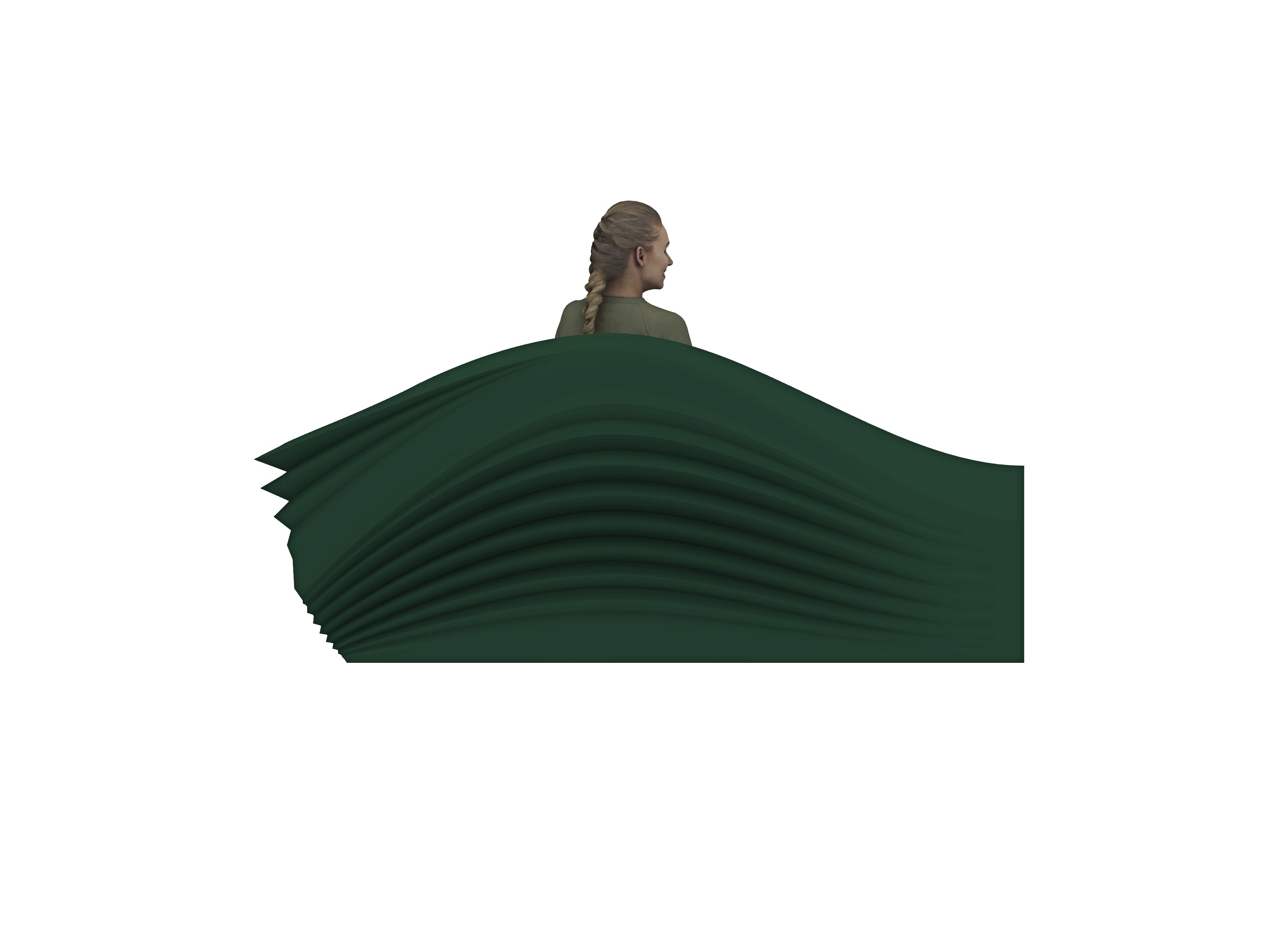 Side view: the green shell rises in a low ridged wave, hiding all but the seated figure's head.