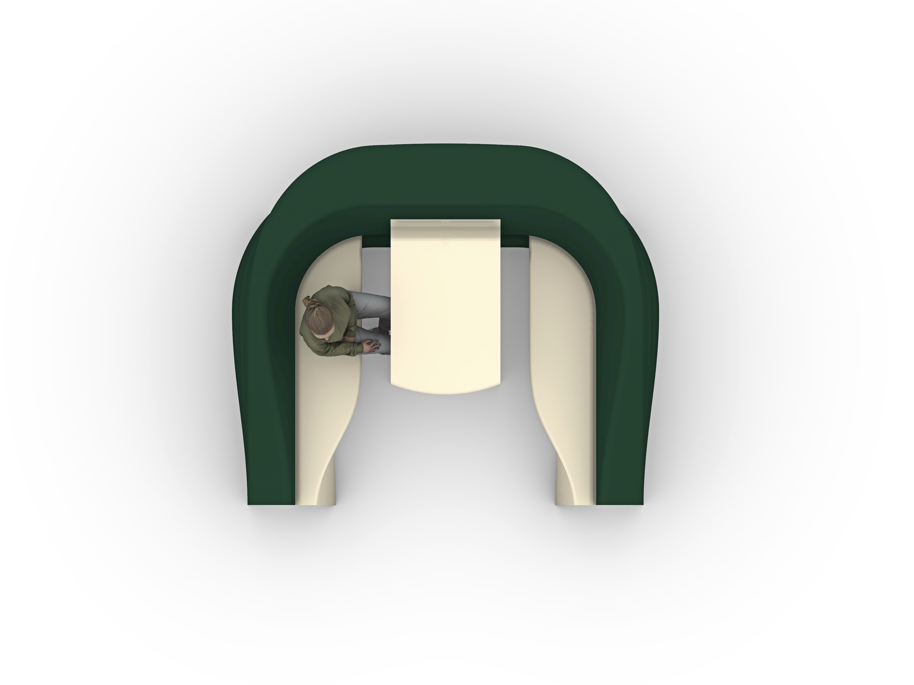 Top view of the same shell: two cream benches face each other across a table, one person seated.