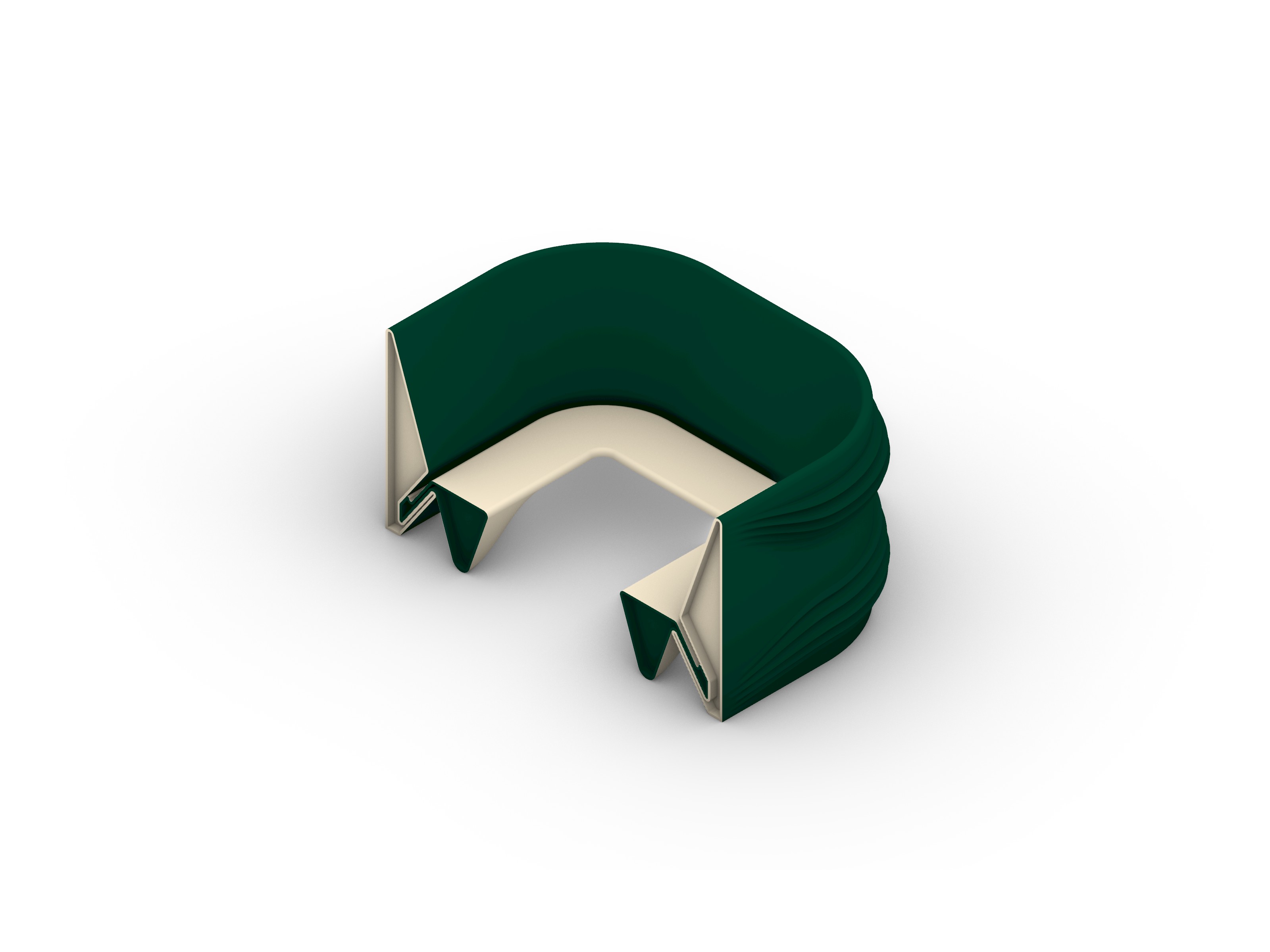 Isometric render of a near-circular green shell with two cream benches folded inward and no table.