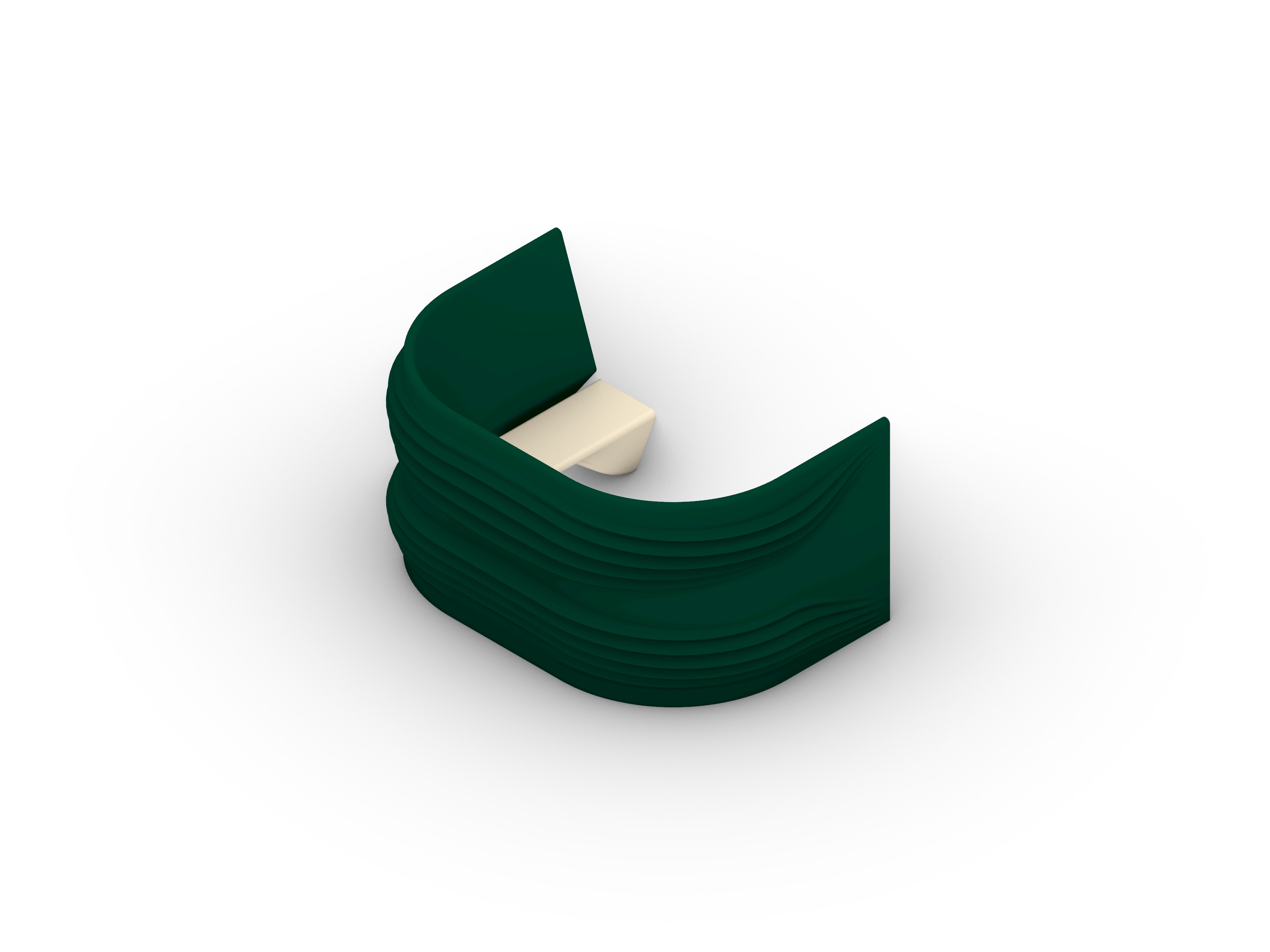 Higher viewpoint on the same C-shaped green shell, a single cream table set against its inner wall.