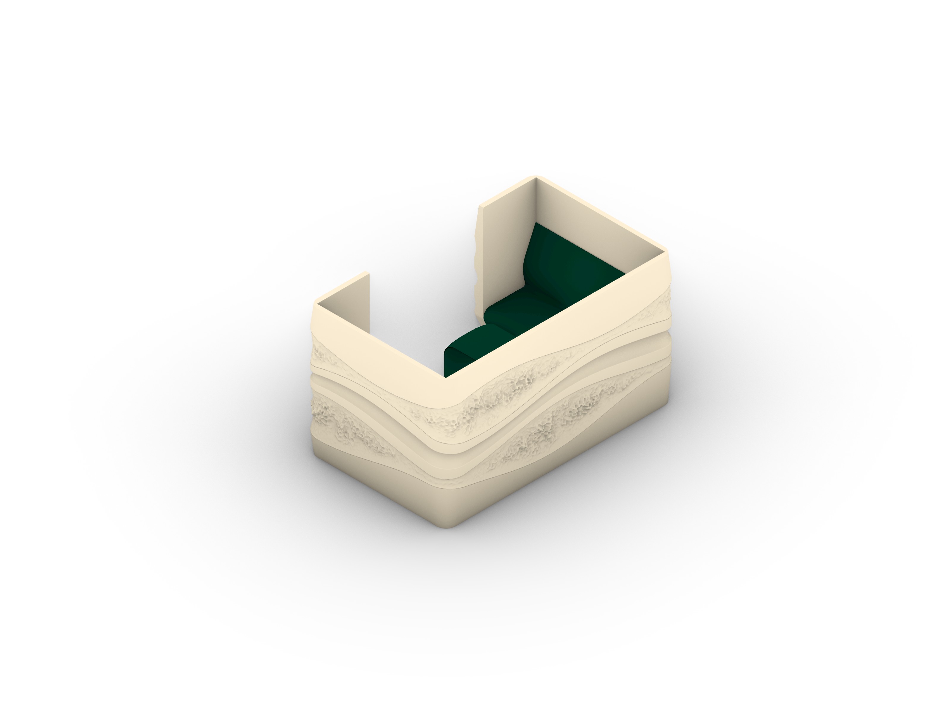 Rectangular cream enclosure seen from above, textured bands across its outer wall and green seating inside.