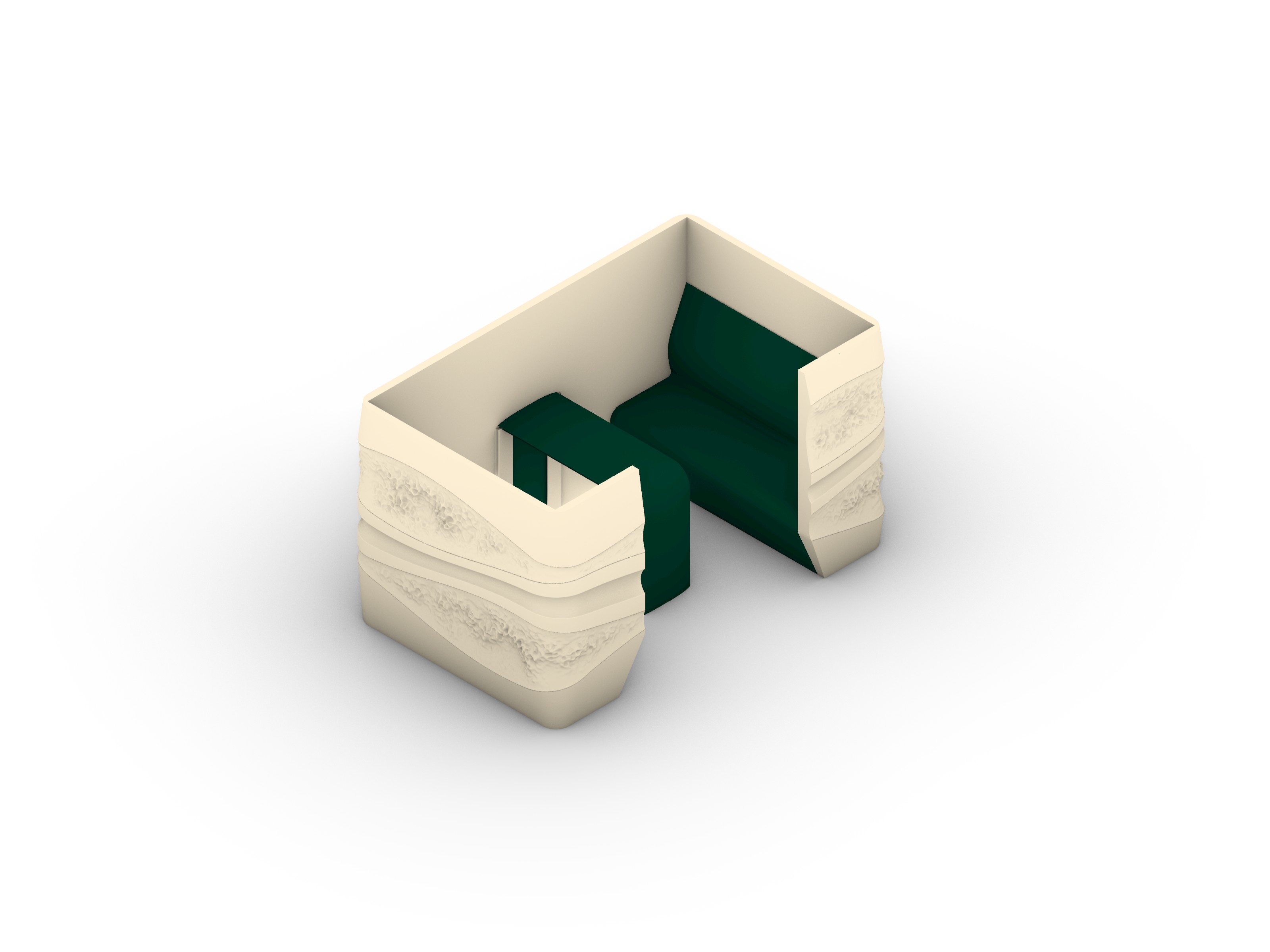 The same rectangular booth from the other side, green bench and table set against cream walls.